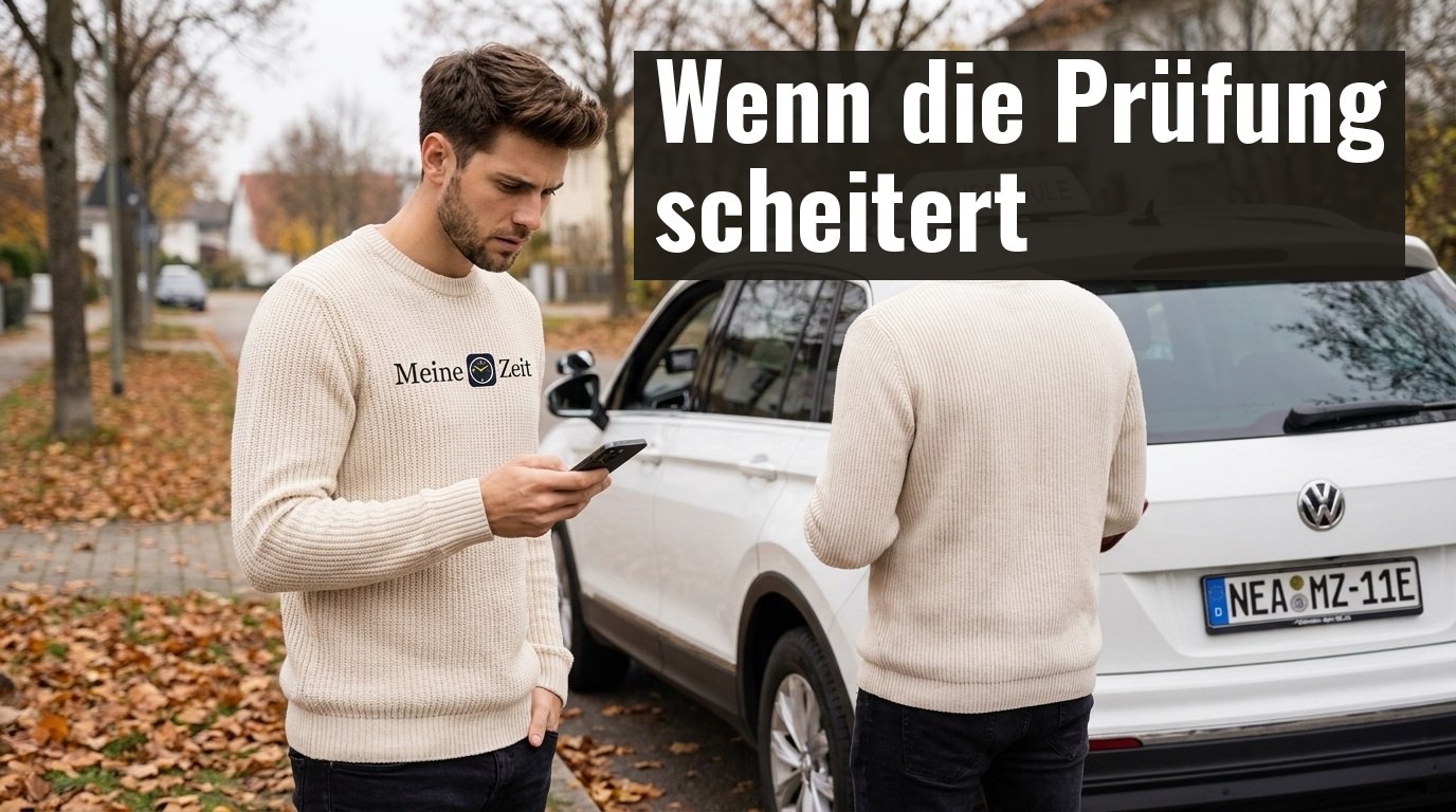 Junger Mann mit Smartphone steht nachdenklich neben einem Fahrschul-SUV auf einer herbstlichen Straße – symbolisch für eine nicht bestandene Fahrprüfung