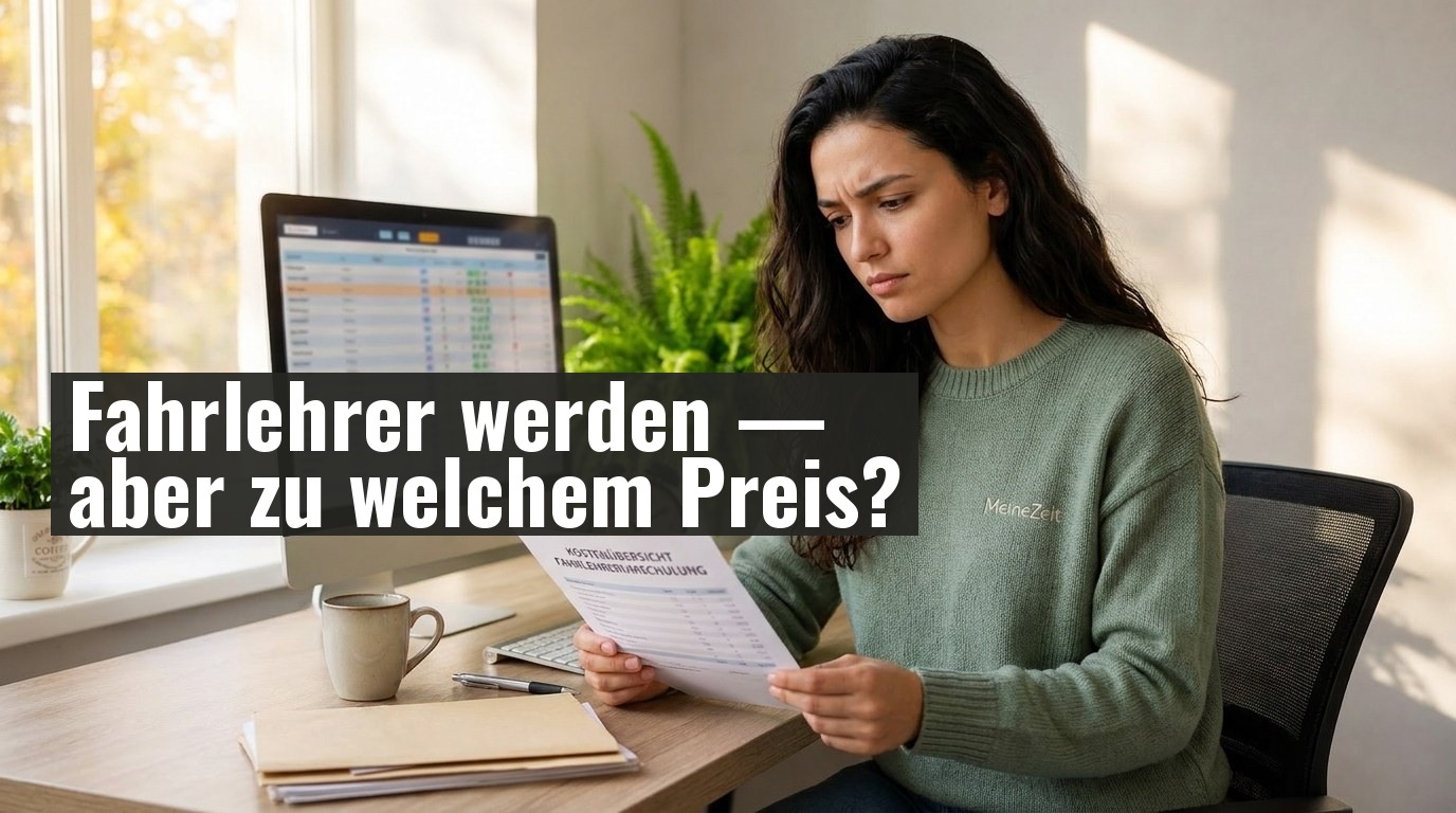 Frau am Schreibtisch in einem Fahrschulbüro betrachtet nachdenklich eine Kostenübersicht zur Fahrlehrerausbildung