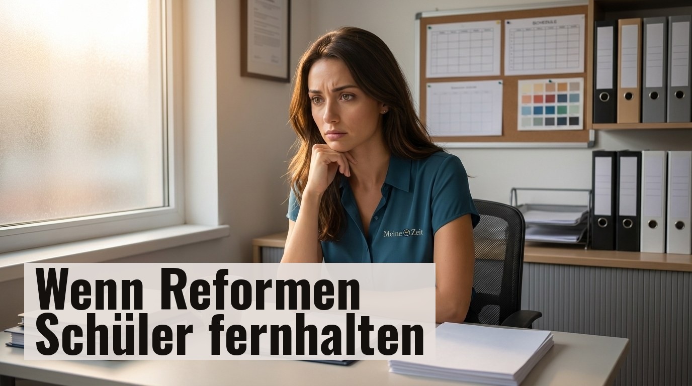 Fahrschul-Inhaberin sitzt nachdenklich an ihrem Schreibtisch im Fahrschulbüro und überlegt, wie sie auf die Reformdebatte reagieren soll