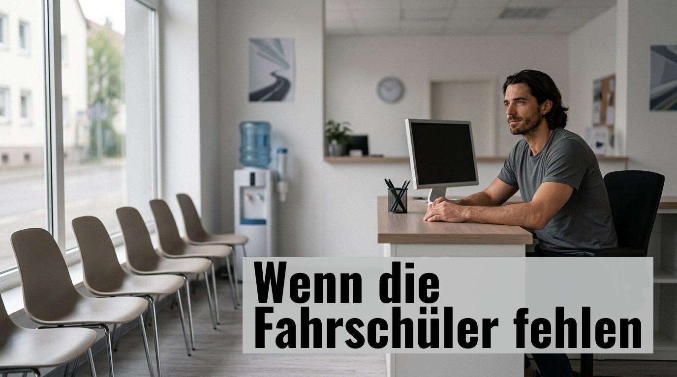 Fahrschulinhaber Max steht nachdenklich im Empfangsbereich seiner Fahrschule, im Hintergrund ein Computer mit digitalem Fahrstundenplaner