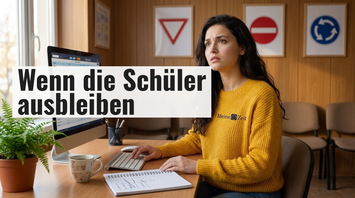 Fahrlehrerin sitzt nachdenklich an ihrem Schreibtisch in einem kleinen Fahrschul-Büro und blickt auf einen fast leeren Terminkalender auf dem Bildschirm