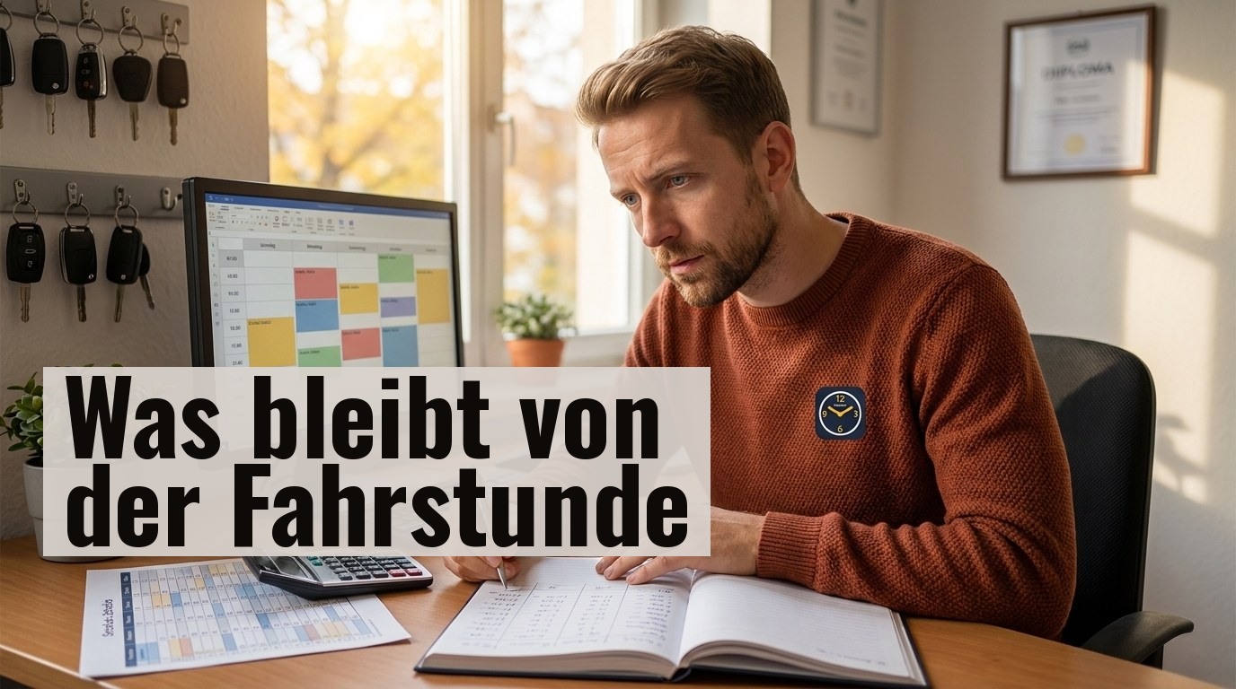 Fahrschulinhaber Max sitzt an seinem Schreibtisch und kalkuliert mit Notizbuch und Monatsplan die Kosten einer Fahrstunde, Fahrschul-Büro im Herbstlicht