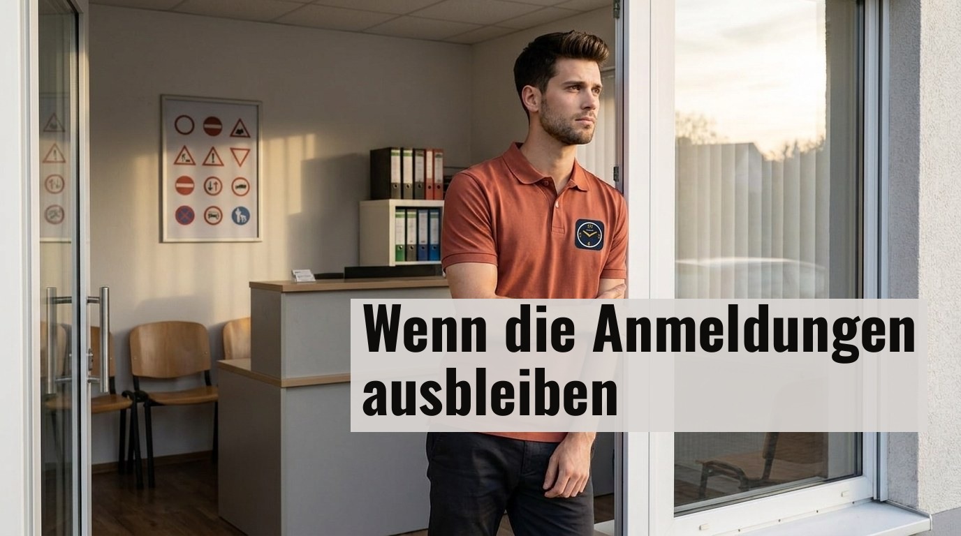 Junger Mann in terracottafarbenem Polo steht nachdenklich im leeren Wartebereich einer Fahrschule