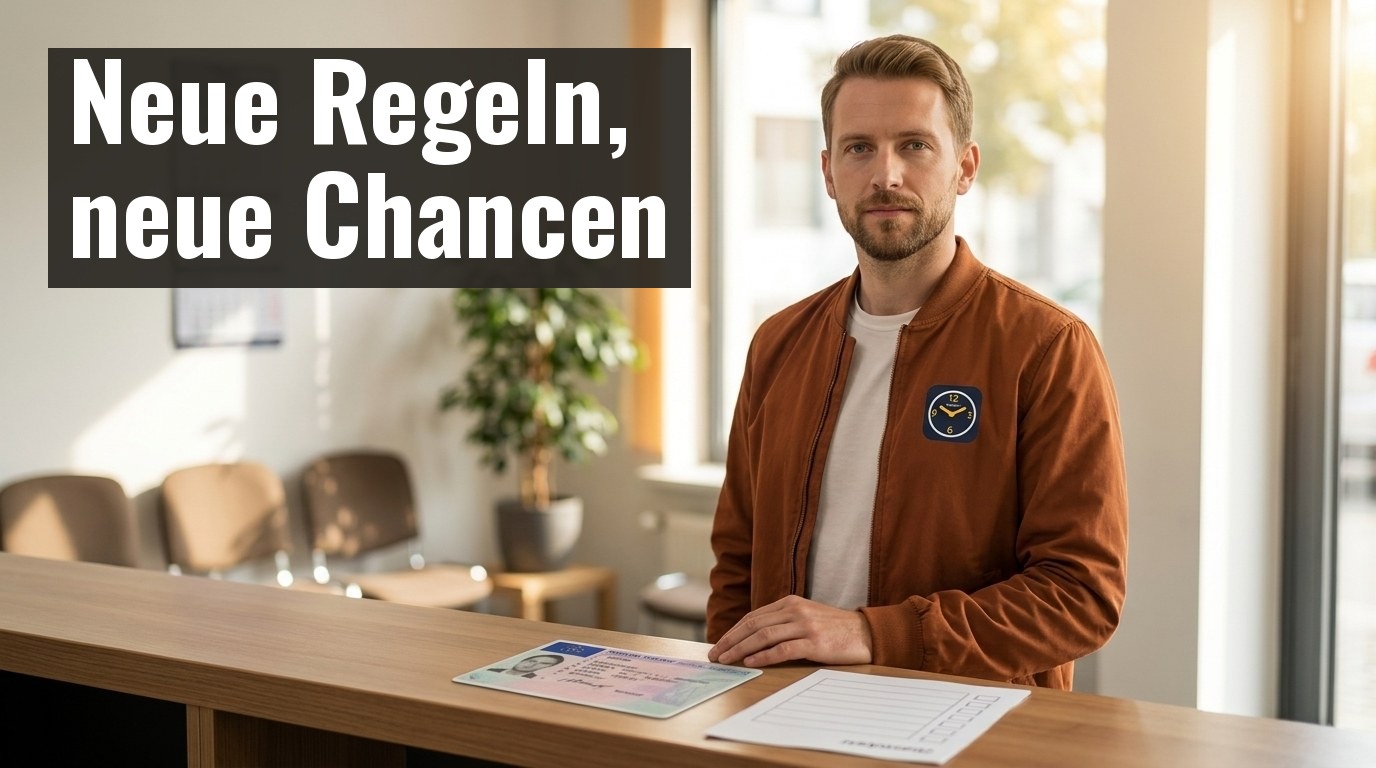 Fahrschulinhaber Max steht am Empfangstresen mit einem ausländischen Führerschein und einer Checkliste vor sich – Beratungssituation zur Führerschein-Umschreibung