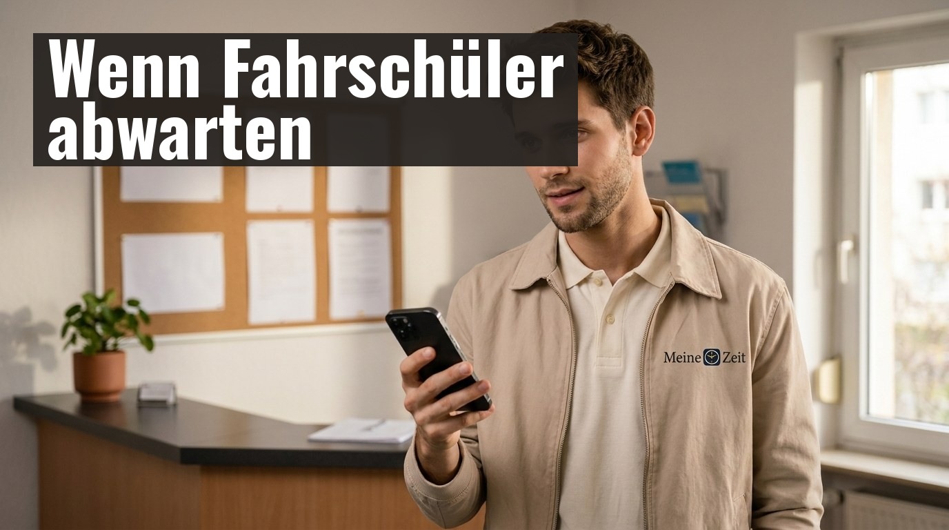 Junger Mann hält nachdenklich sein Smartphone in einem Fahrschul-Empfangsbereich – Symbol für abwartende Fahrschüler vor der FeV-Reform