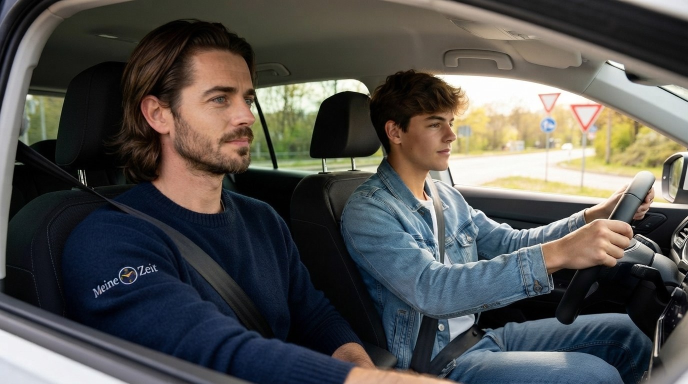 Fahrschüler Florian am Steuer eines Fahrschul-Autos, Fahrlehrer Asher entspannt auf dem Beifahrersitz – Innenraumperspektive