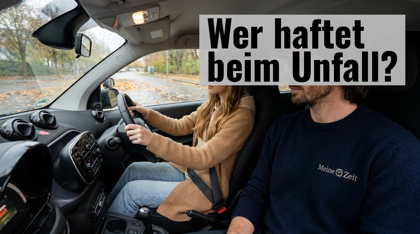 Fahrschülerin Jaqueline am Steuer eines Fahrschulfahrzeugs, Fahrlehrer Asher auf dem Beifahrersitz beobachtet sie konzentriert – Haftung bei Ausbildungsfahrten