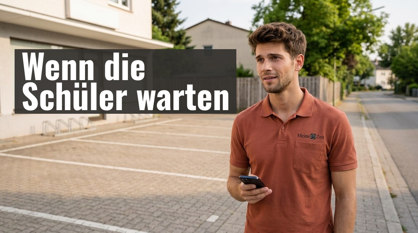 Fahrlehrer Tim steht nachdenklich vor einer ruhigen Fahrschule mit leerem Parkplatz und hält sein Smartphone in der Hand