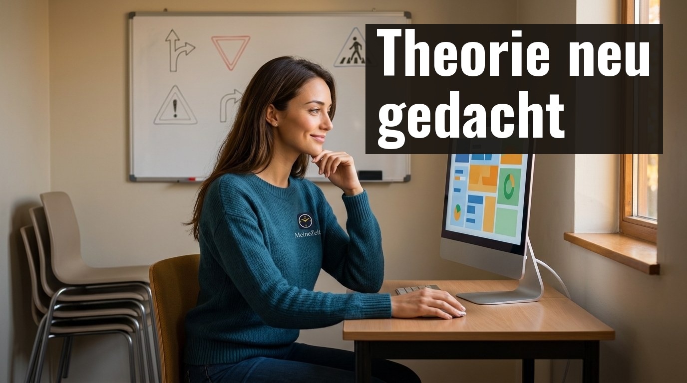 Fahrschulleiterin sitzt im Theorieraum und überprüft den digitalen Theorie-Status ihrer Schüler auf einem Desktop-Monitor