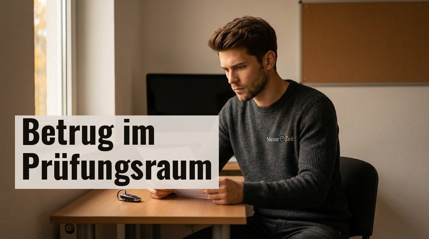 Junger Mann am Schreibtisch in einem Fahrschulbüro, vor ihm ein Theorieprüfungsbogen und ein kleiner Ohrhörer – Symbol für Prüfungsbetrug bei der Führerschein-Theorie