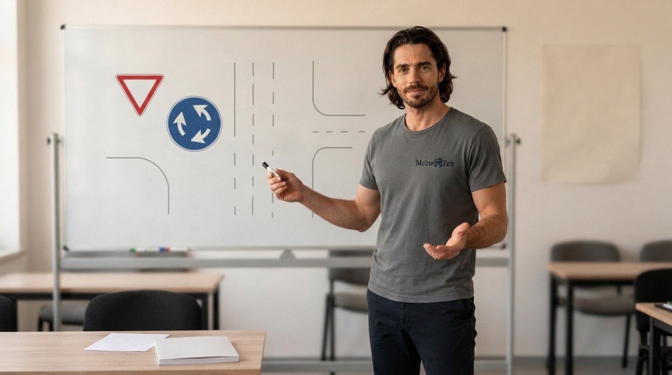 Fahrlehrer Asher erklärt Verkehrsregeln an einem Whiteboard mit abstrakten Verkehrspiktogrammen in einem Fahrschul-Theorieraum