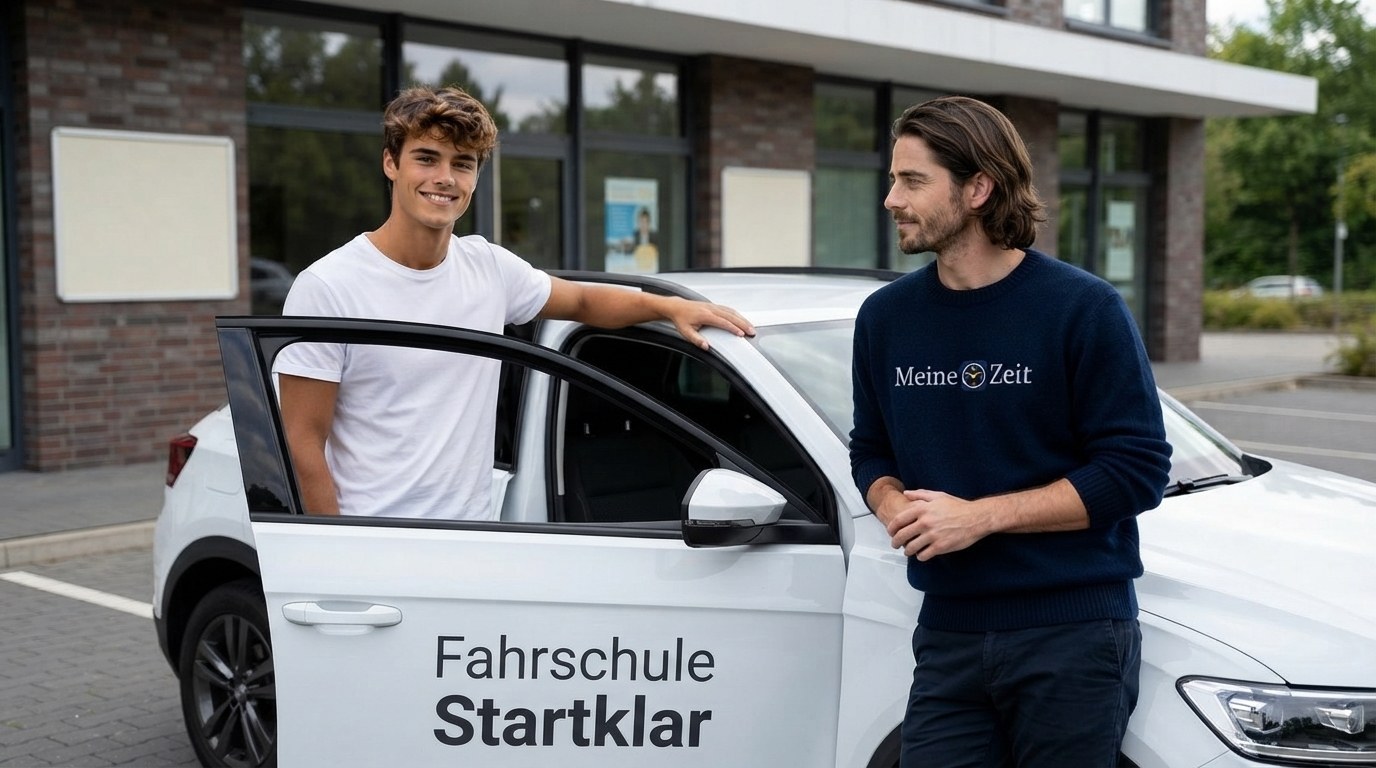 Fahrschüler Florian steht neben einem weißen Fahrschul-SUV mit Aufschrift „Fahrschule Startklar