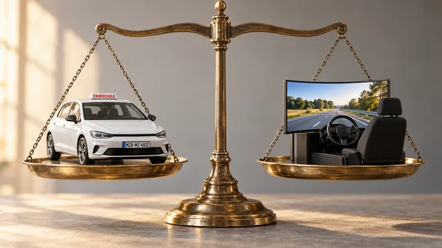 Waage zwischen Fahrschulauto und Fahrsimulator als Symbol für die Reformdebatte