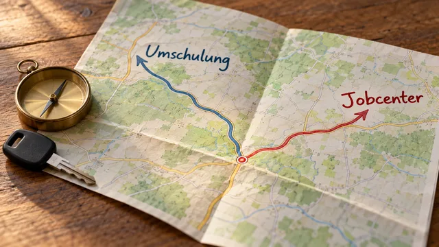 Straßenkarte und Kompass auf Holztisch als Symbol für strategische Neuausrichtung