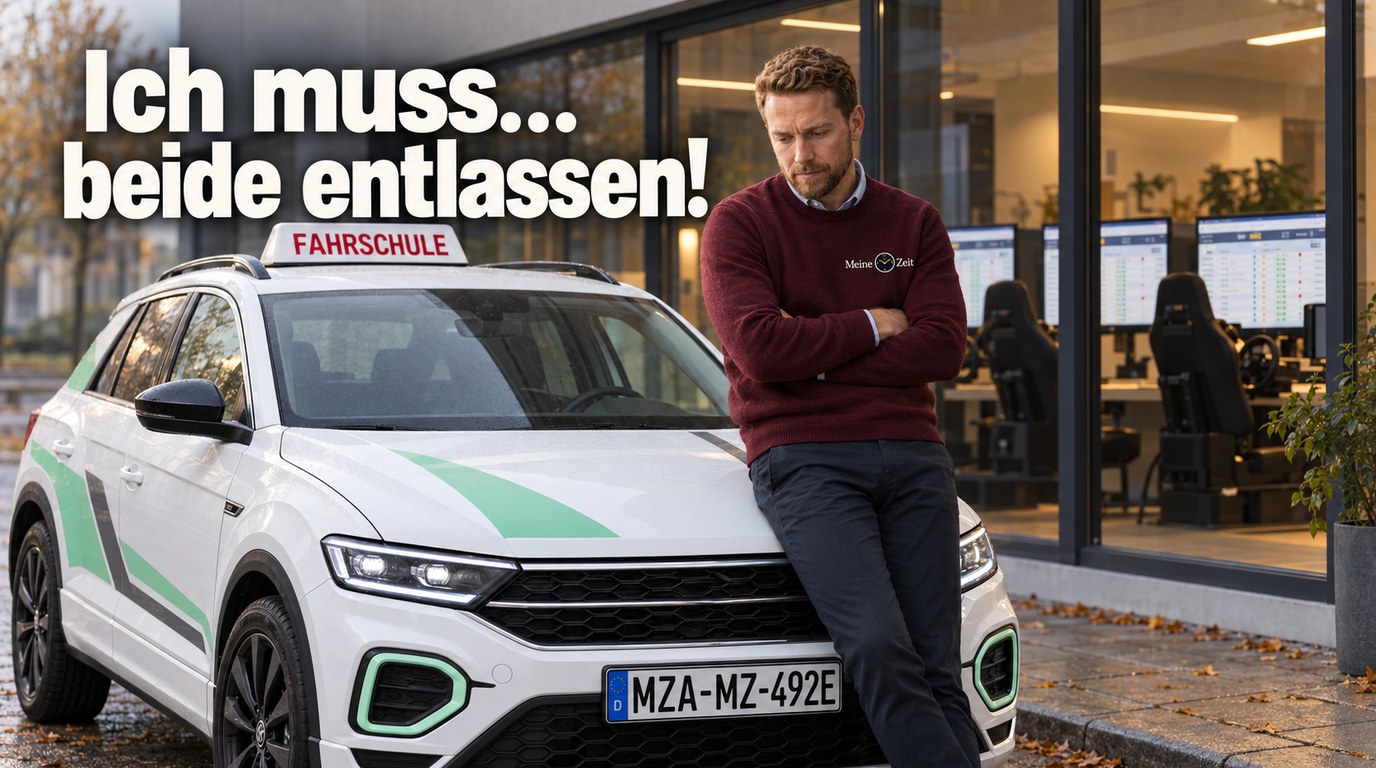 Fahrlehrer steht nachdenklich neben einem Fahrschulauto vor der Fahrschule; durch das Schaufenster sind Fahrsimulatoren sichtbar