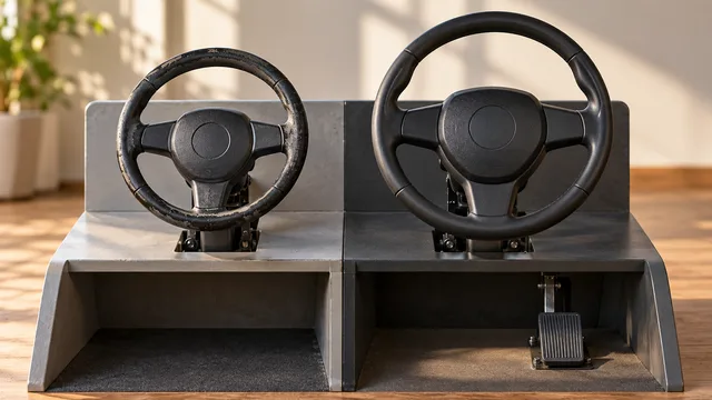 Zwei Lenkräder symbolisieren geteilte Verantwortung im Fahrschulfahrzeug