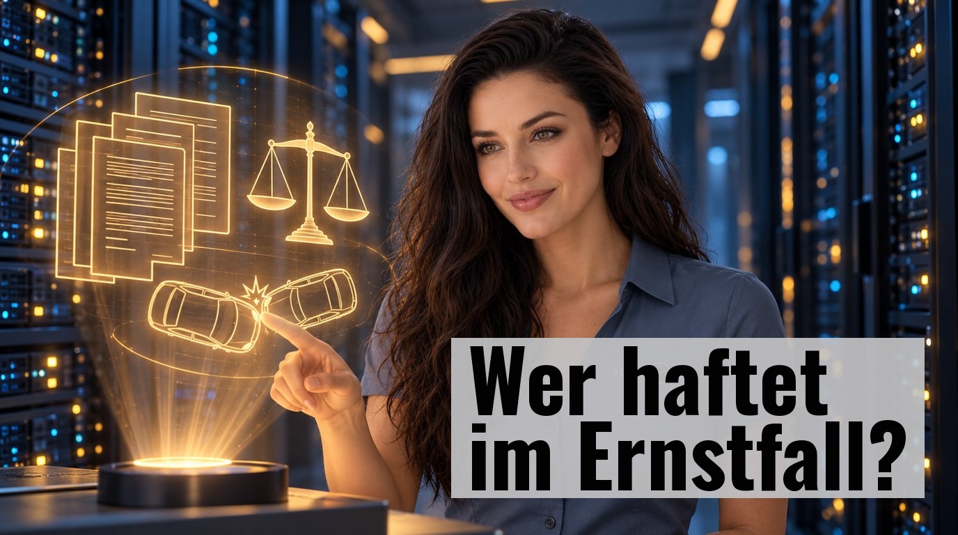 Tempora, die KI-Assistentin, steht in einem futuristischen Serverraum neben einem holografischen Anzeige mit abstrakten Unfall- und Rechtssymbolen
