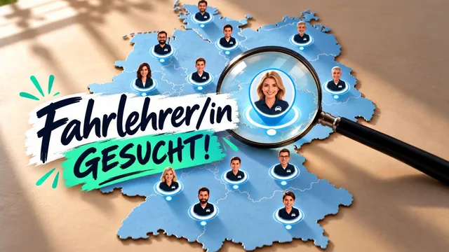 Lupe über Deutschland-Karte mit wenigen Fahrschulauto-Symbolen – Fahrlehrermangel