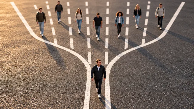 Stilisierter Recruiting-Trichter aus Fahrbahnmarkierungen mit Personen-Symbolen