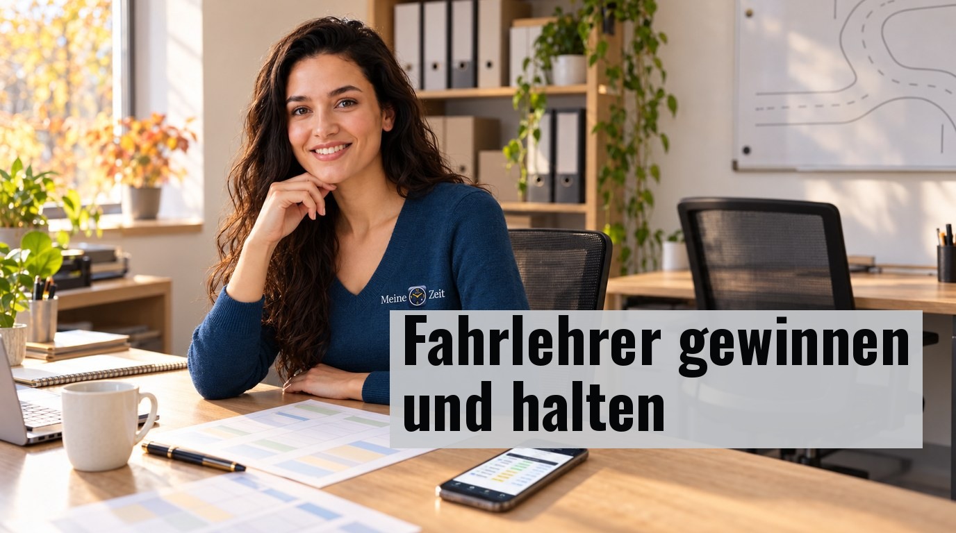 Fahrschulleiterin am Schreibtisch in einem Fahrschulbüro mit Tagesplaner-App auf dem Smartphone