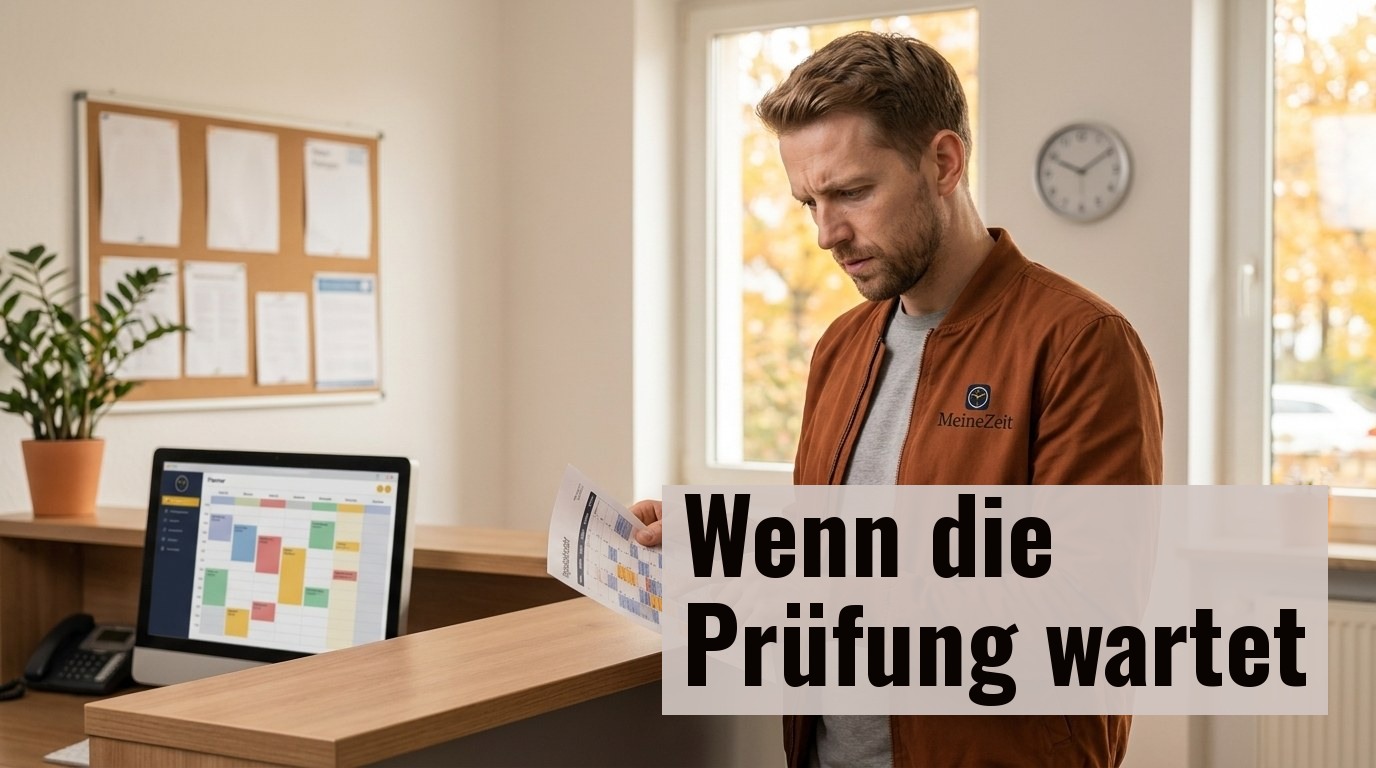 Fahrschulinhaber Max steht an einem Empfangstresen in einem kleinen Fahrschulbüro und blickt nachdenklich auf einen Terminkalender, im Hintergrund ein Monitor mit dem Fahrstundenplaner-Dashboard.