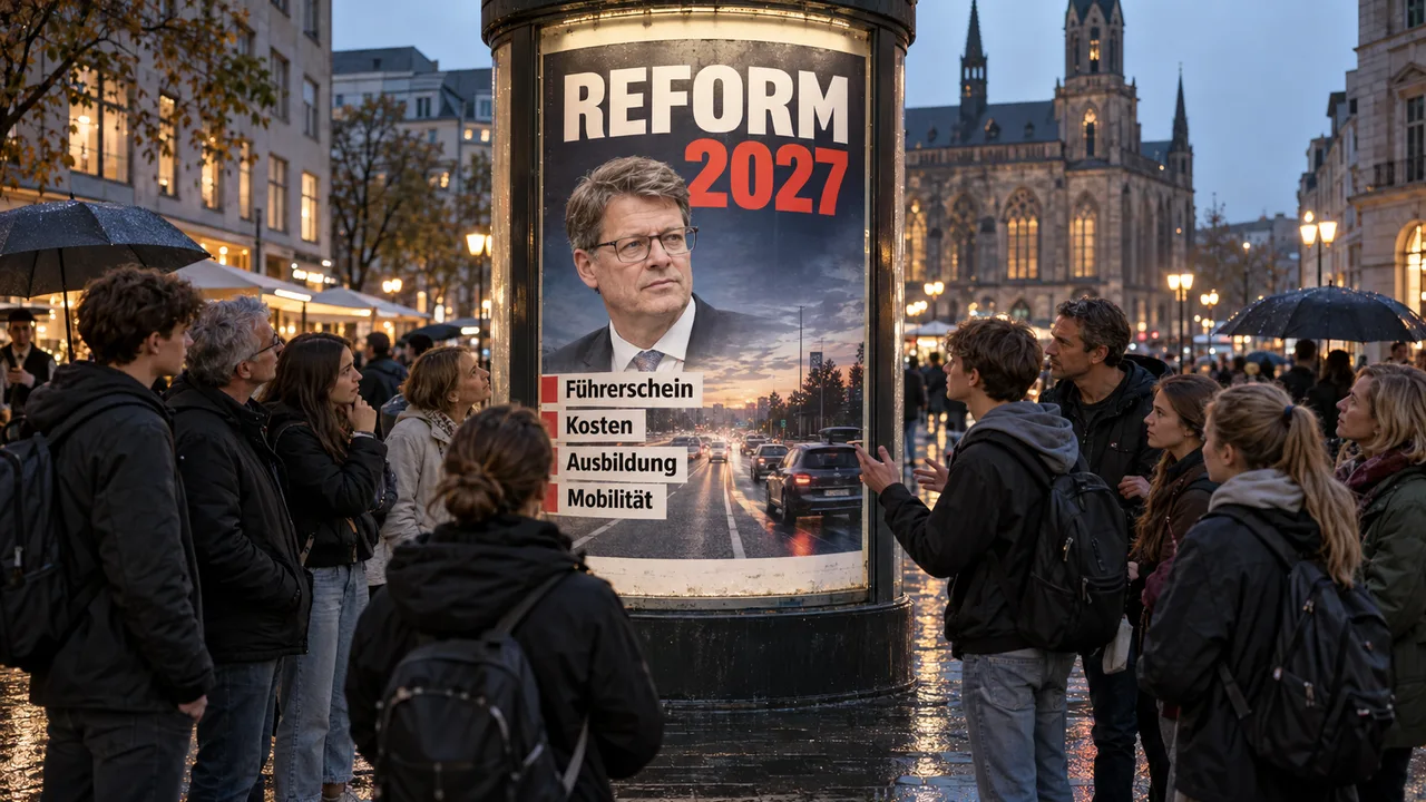 Menschen stehen abends an einer Litfaßsäule mit Plakat 'Reform 2027' zu Führerschein, Kosten, Ausbildung und Mobilität.