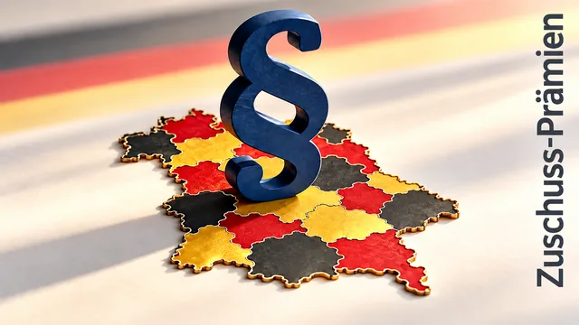 Paragraphenzeichen auf Deutschlandkarte aus Puzzleteilen in Schwarz-Rot-Gold, Schriftzug Zuschuss-Prämien