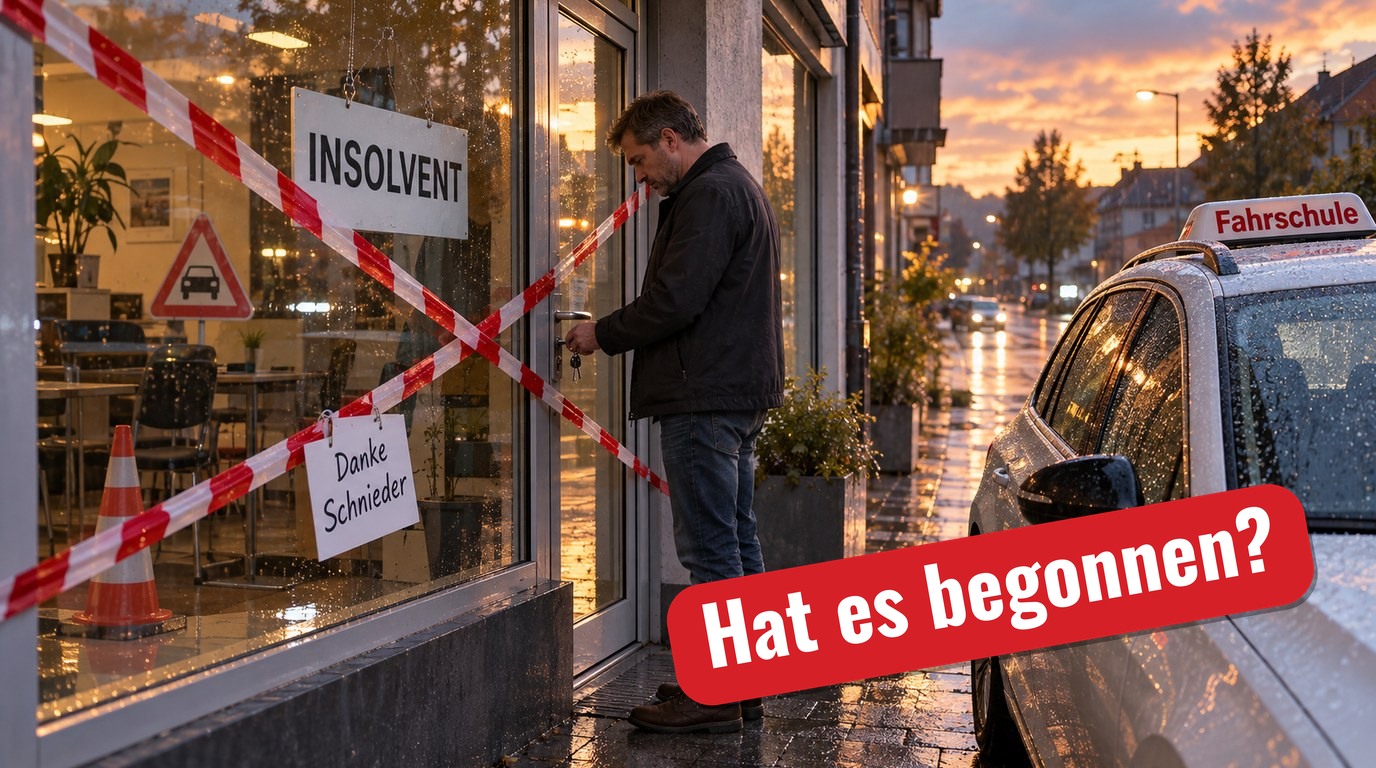 Ein Mann steht vor der mit Absperrband verschlossenen Tür einer insolventen Fahrschule, daneben parkt ein Fahrschulwagen