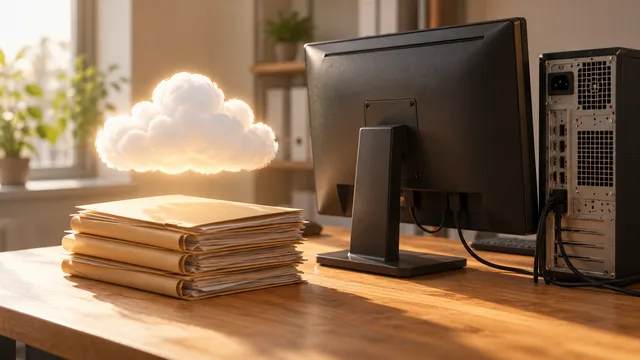 Stilisierte Cloud über einem Stapel Papierordnern und einem alten Desktop-PC