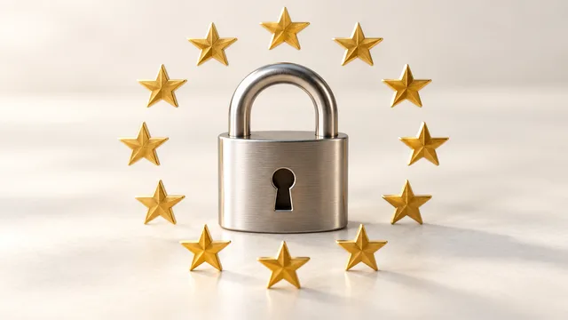 EU-Sternenkranz als goldener Ring um ein Schlosssymbol, Datenschutz-Illustration