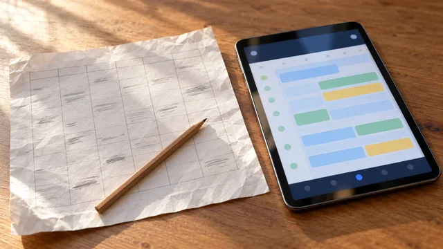 Vergleich zwischen handgeschriebenem Papierkalender und digitalem Terminplan auf Tablet