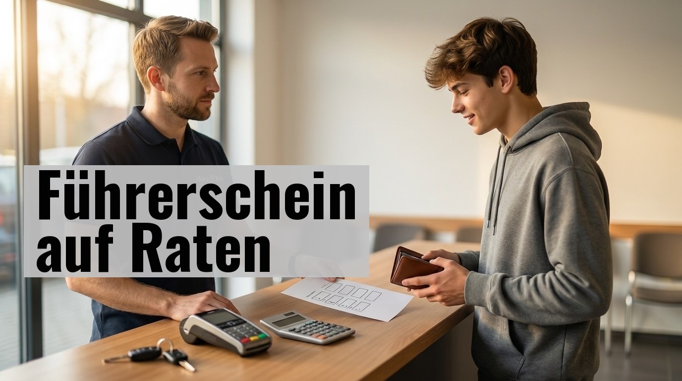Junger Mann im Fahrschulbüro prüft auf dem Smartphone seine Führerschein-Finanzierung und Ratenzahlungsoptionen