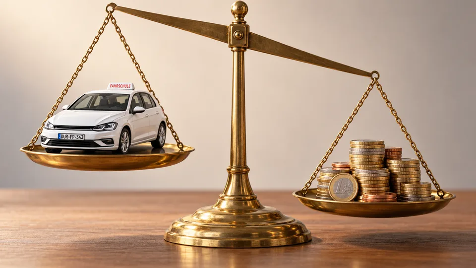 Waage mit Fahrschulauto auf der einen und Euro-Münzen auf der anderen Seite