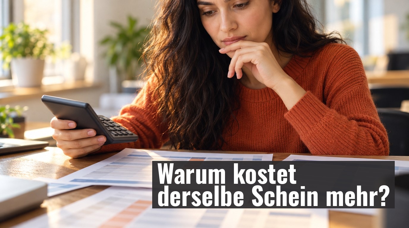 Fahrschulinhaberin Lisa steht nachdenklich im Fahrschulbüro mit Taschenrechner und Preislisten auf dem Schreibtisch