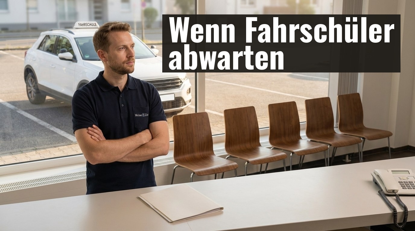 Junger Mann hält nachdenklich sein Smartphone in einem Fahrschul-Empfangsbereich – Symbol für abwartende Fahrschüler vor der FeV-Reform
