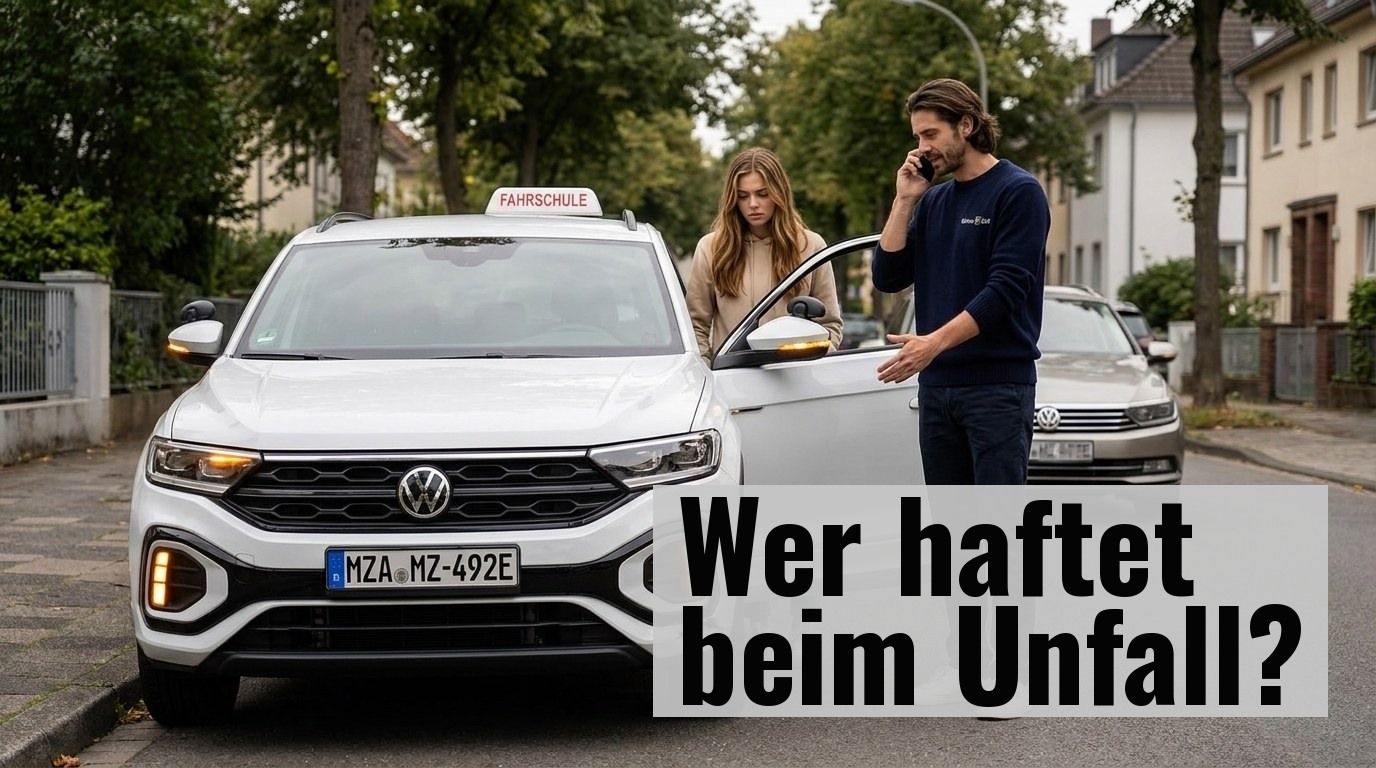 Fahrschülerin Jaqueline am Steuer eines Fahrschulfahrzeugs, Fahrlehrer Asher auf dem Beifahrersitz beobachtet sie konzentriert – Haftung bei Ausbildungsfahrten