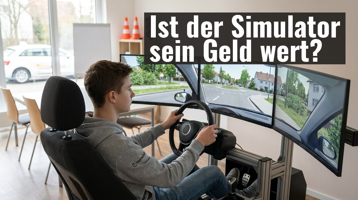 Fahrschüler sitzt in einer Fahrschule im Fahrsimulator mit drei Bildschirmen und übt eine Stadtfahrt
