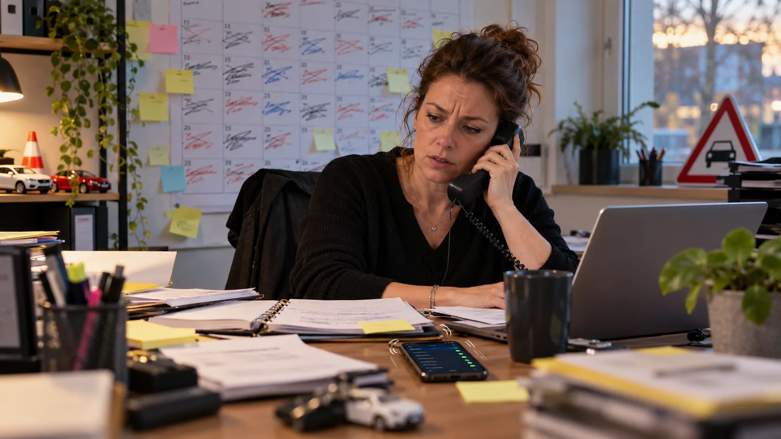 Gestresste Fahrschulinhaberin im Büro mit klingelndem Telefon, vollem Papierkalender und Haftnotizen