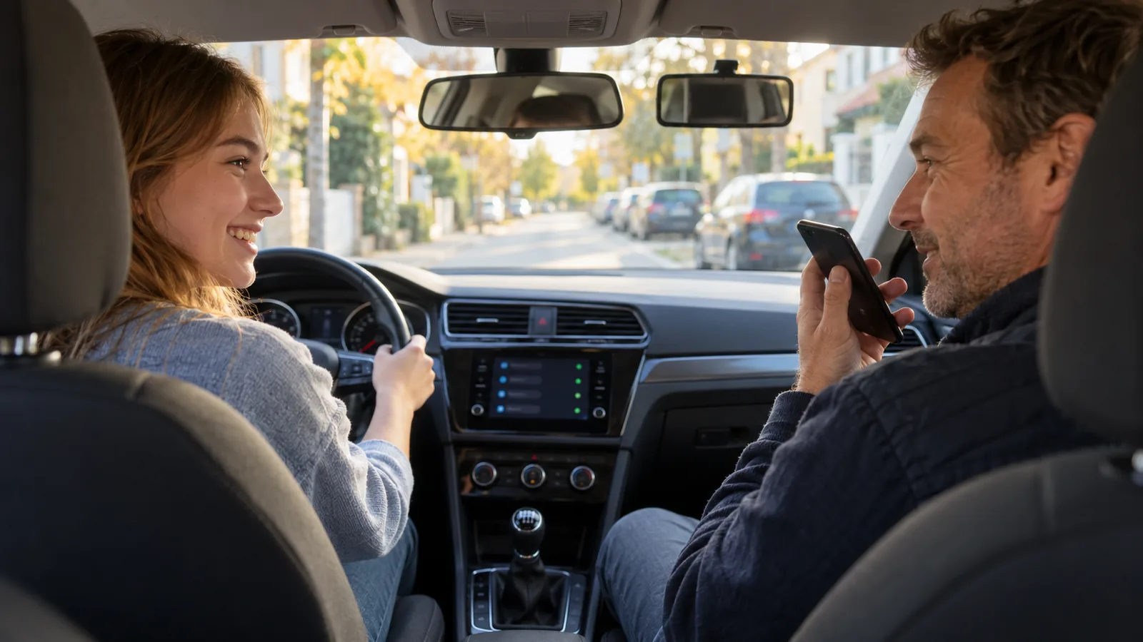 Fahrlehrer diktiert nach der Fahrstunde im geparkten Fahrschulauto eine kurze Notiz ins Smartphone, die Fahrschülerin lächelt