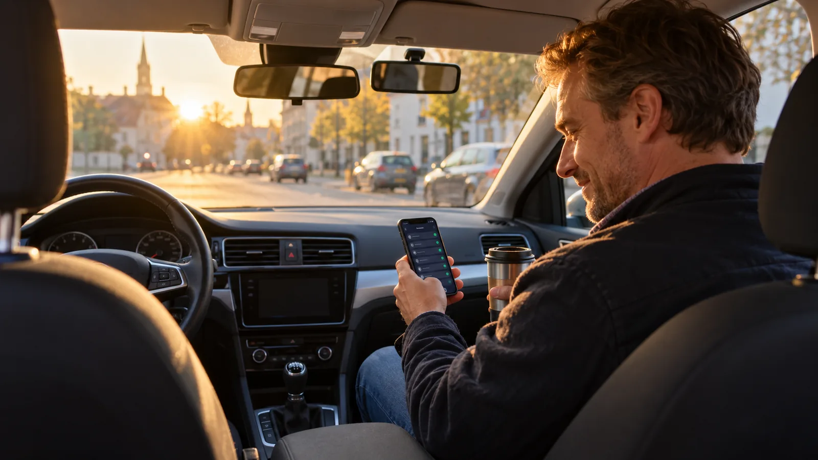 Fahrlehrer sitzt am frühen Morgen entspannt mit Kaffee im Fahrschulauto und sieht auf dem Smartphone seinen fertig geplanten Tag