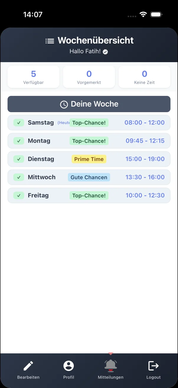 Echte Wochenübersicht in der Schüler-App: eingetragene Zeitfenster mit Einschätzung der Chancen auf eine Fahrstunde