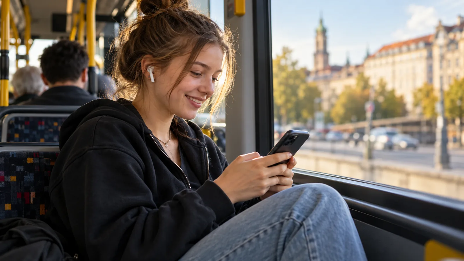 Junge Fahrschülerin trägt im Bus ihre freien Zeiten für die Woche in die Schüler-App ein