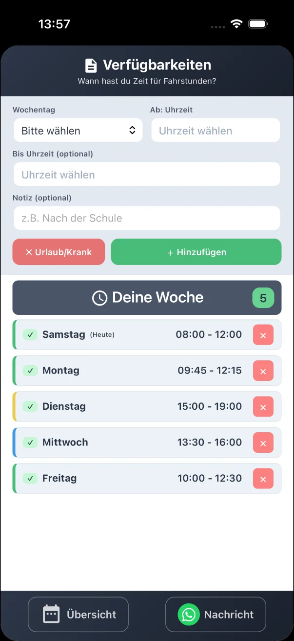 Echte Schüler-App von FahrstundenPlaner: Fahrschüler trägt seine Verfügbarkeiten als Zeitfenster je Wochentag ein